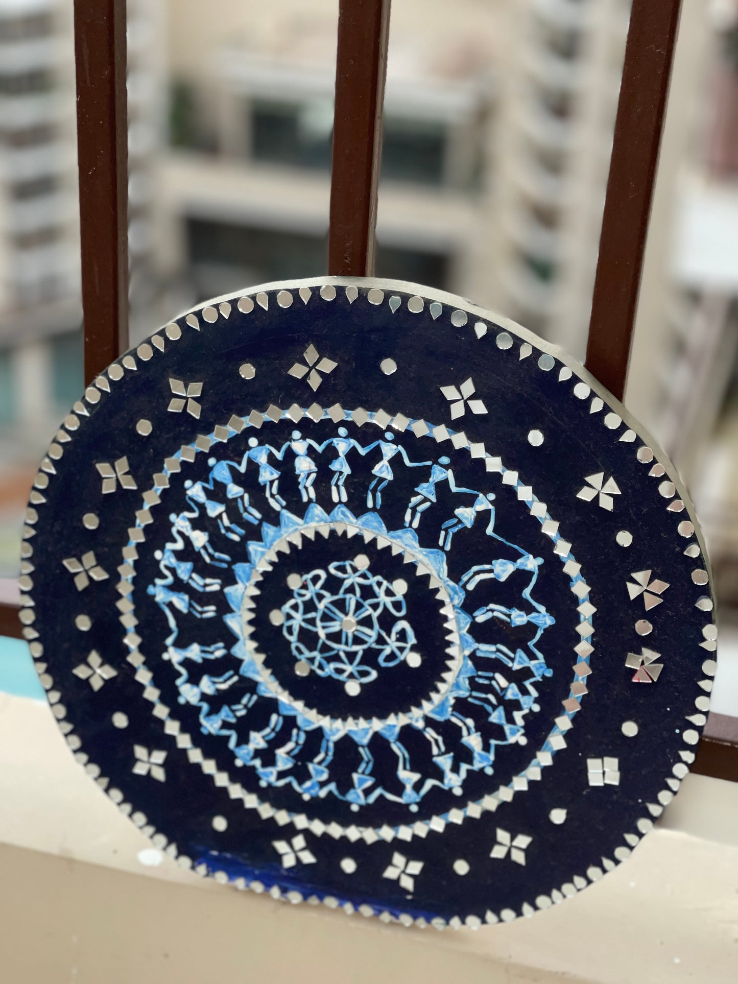 Blue Warli-Inspired Mirror Art Plate